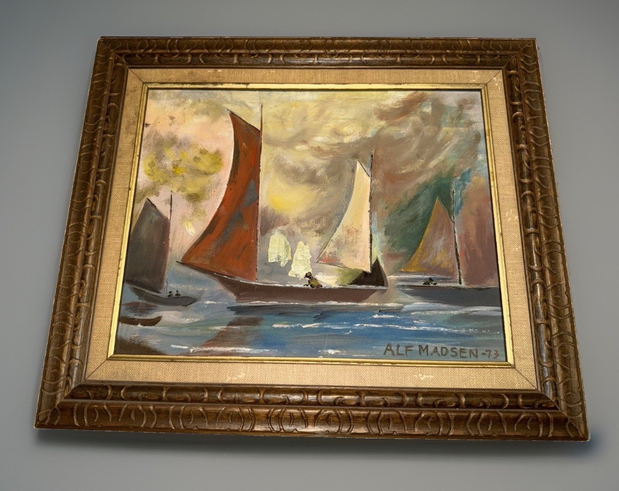 Vintage 1973 Alfred Tutt Madsen Maritime Oil Painting Framed 11x14 Sailboats