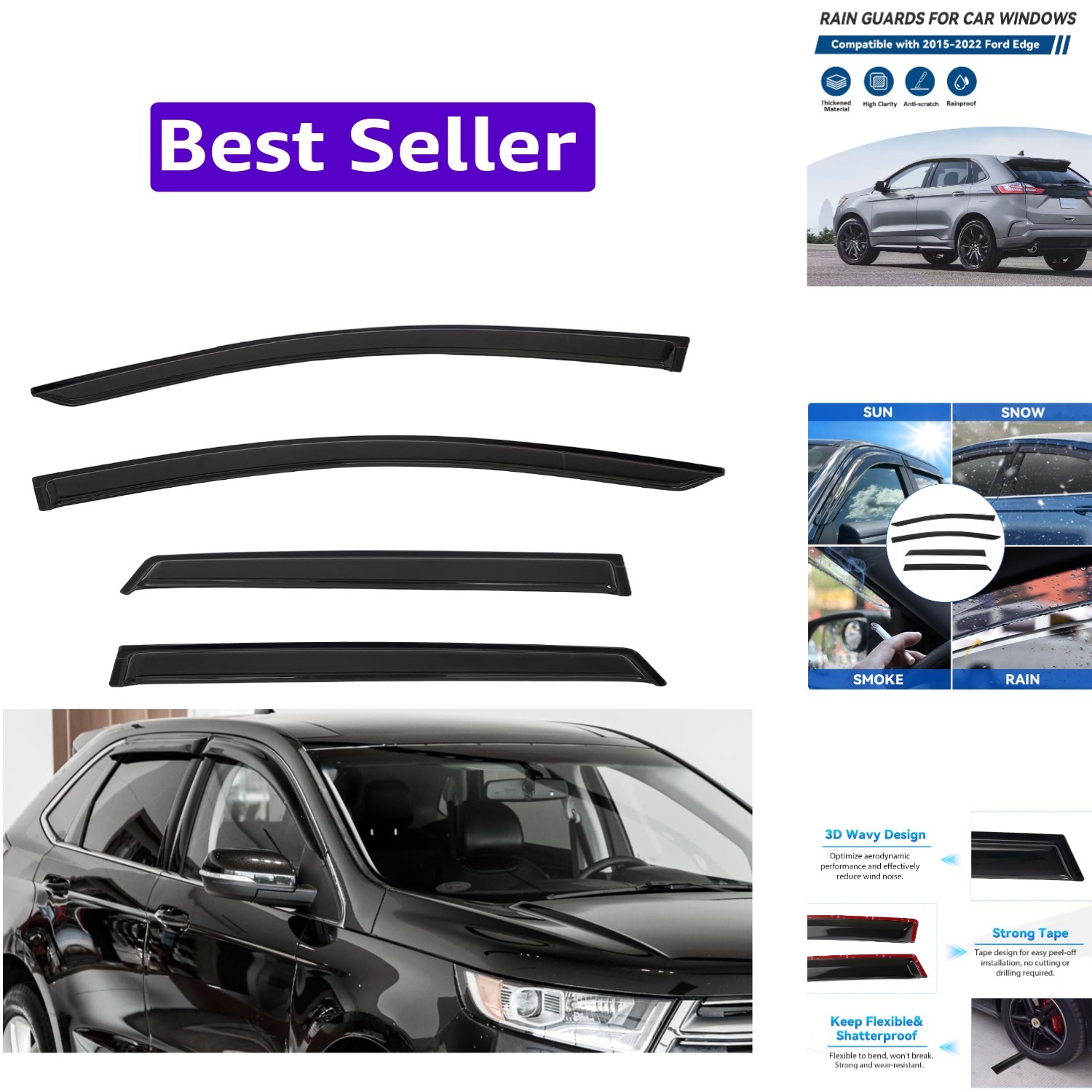 4pc Classic Smoke Tint Window Visors for 2015-2024 Ford Edge - Vehicle Specific