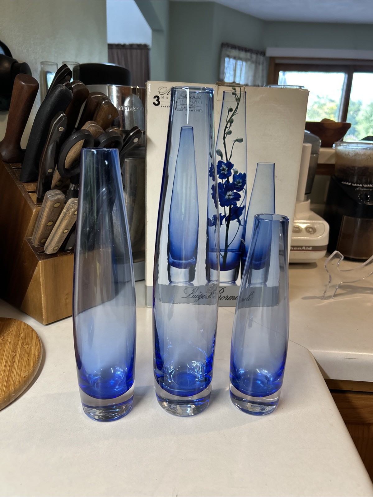 Vintage Luigi Bormioli Michelangelo Blue 3-Piece Vase Set NIB Italy Cobalt Glass