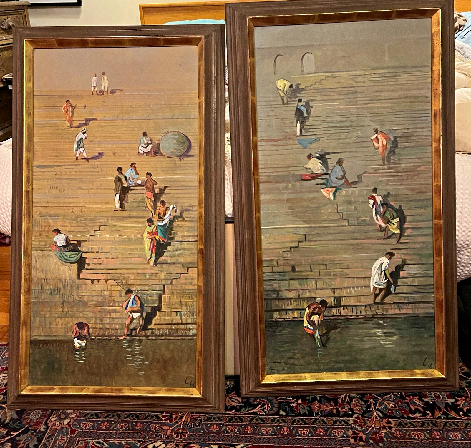 Leonid Berman Pair Oil Paintings Benares India 1961 Signed 30x15