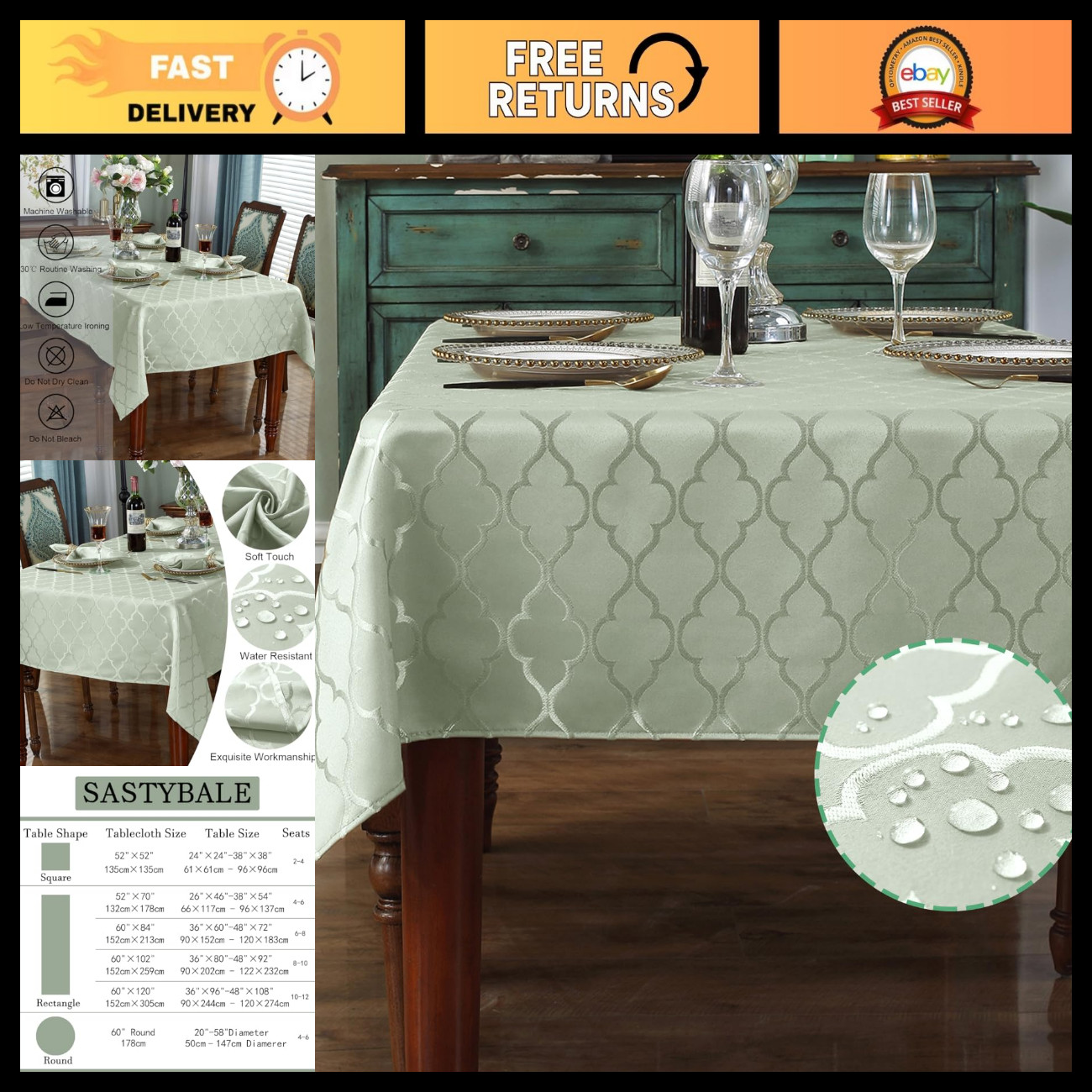 Sage Green Gray Jacquard Tablecloth 52x70 Inch Rectangle, Elegant Dining Decor