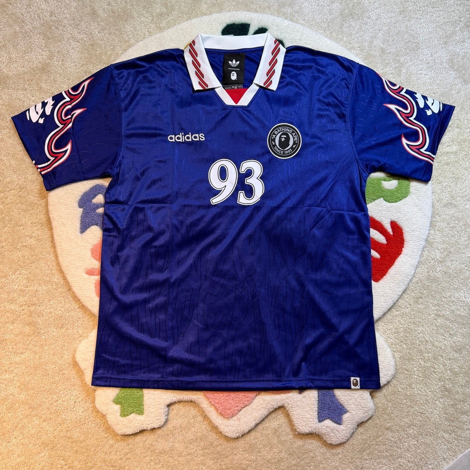 Adidas x BAPE SSL Flame Jersey Blue Soccer Shirt NWT Mens Size L Adidas x BAPE SSL Flame Jersey Blue Soccer Shirt NWT Mens Size L