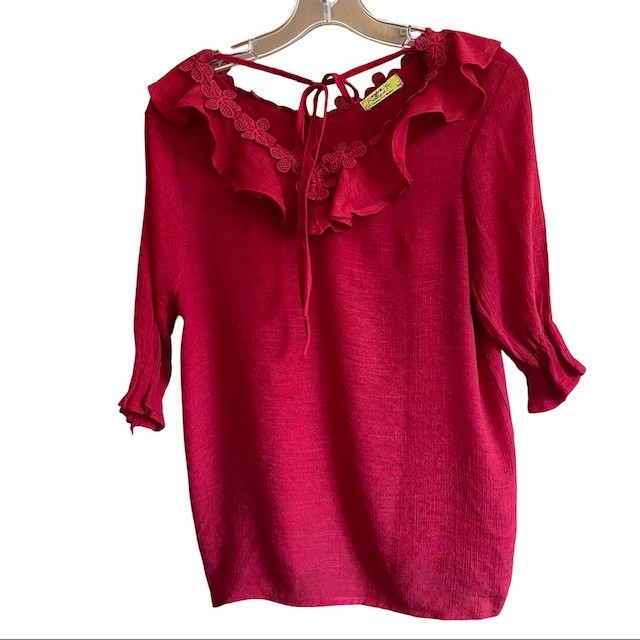 Extra Belleza Red Boho Peasant Blouse Ruffle V-Neck Floral Embroidered Top M S