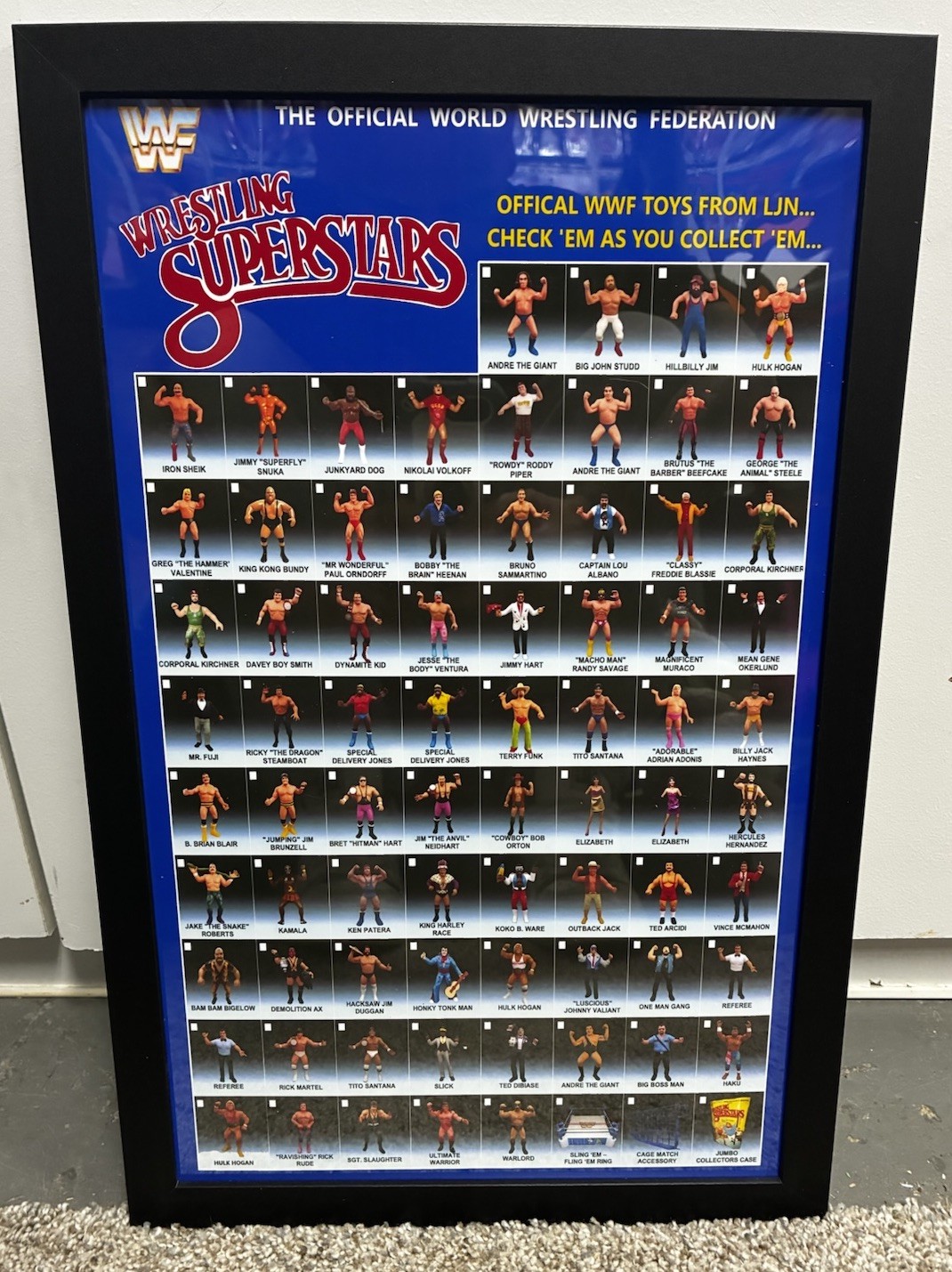 WWF Custom Made LJN Framed Check List Poster.. 11x17 Black Plexi Frame.. WWE WWF Custom Made LJN Framed Check List Poster.. 11x17 Black Plexi Frame.. WWE
