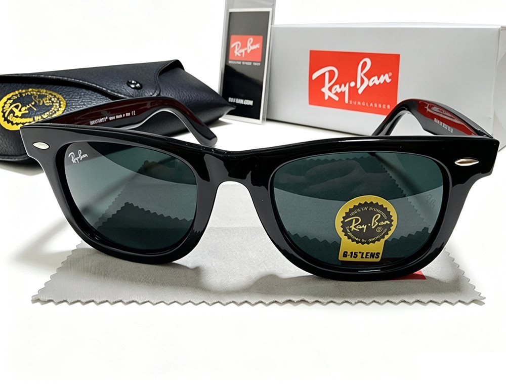 Ray-Ban RB2140 Wayfarer Sunglasses Glossy Black Frame Glass Gray Lens 50mm 150mm