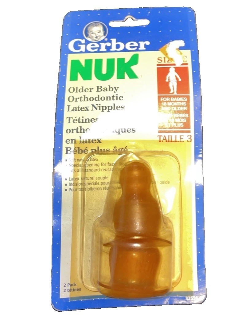 Vintage Gerber Nuk 2 Pack LATEX 2 Bottle Nipples Orthodontic FAST Flow SIZE 3
