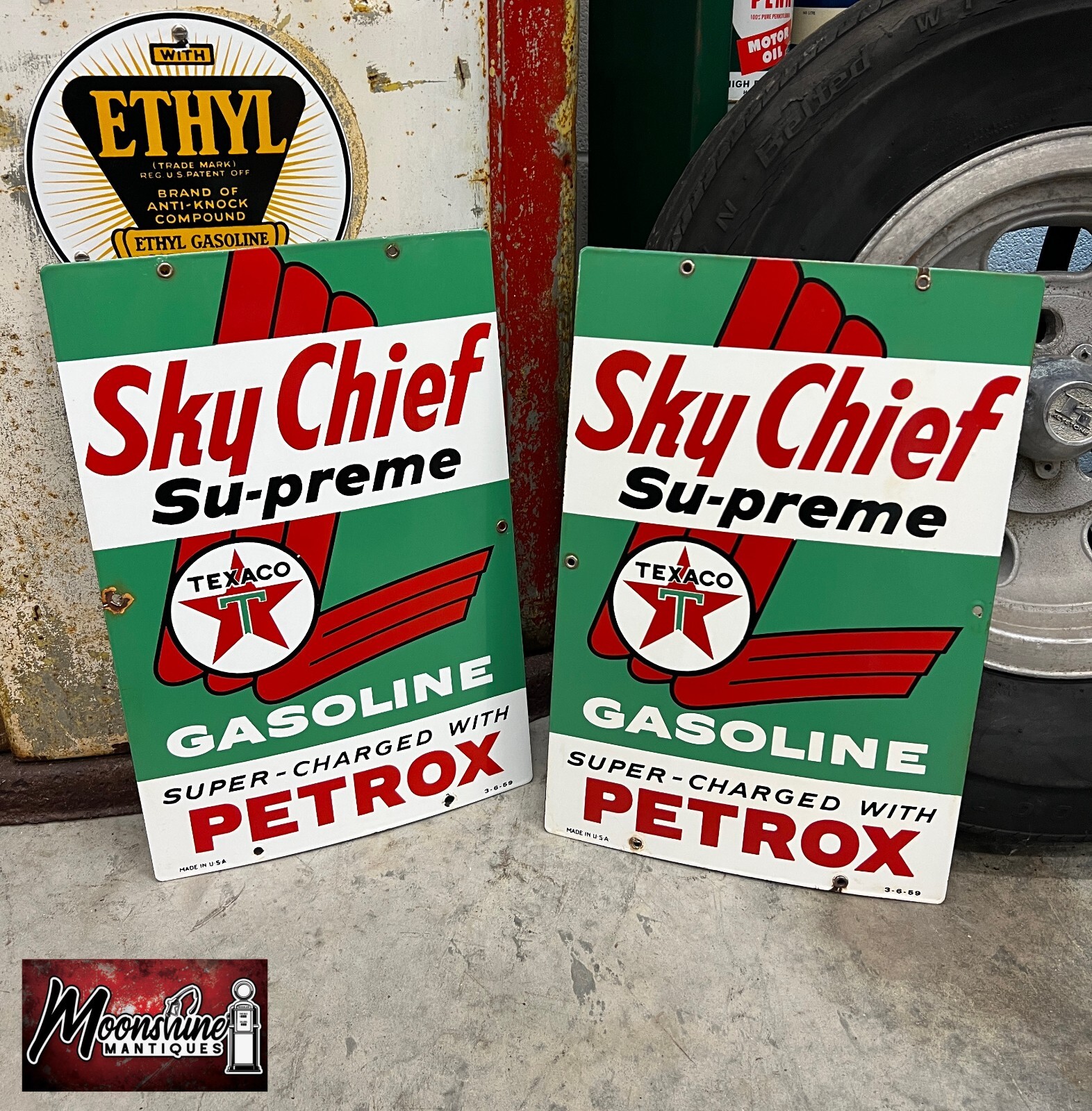 MATCHING PAIR of 1950\'s TEXACO Sky Chief Porcelain Gas Pump Plate Signs