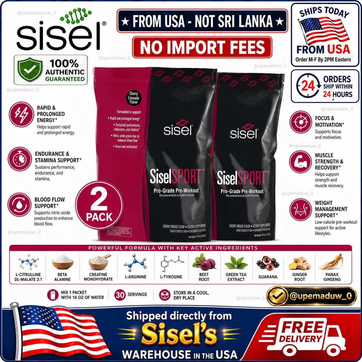 SiselSPORT Cherry Limeade Pre Workout Energy Focus 60 Servings/2 Pack  FromUSA🚚