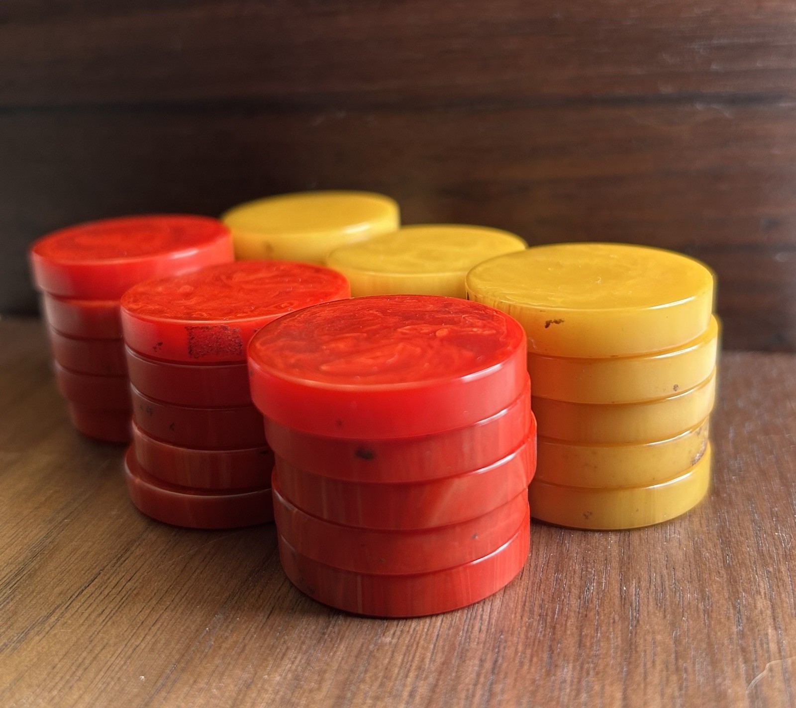 Vintage Bakelite Catalin 30 Butterscotch & Red Checkers 1-1/4” X 1/4” Thick Vintage Bakelite Catalin 30 Butterscotch & Red Checkers 1-1/4” X 1/4” Thick
