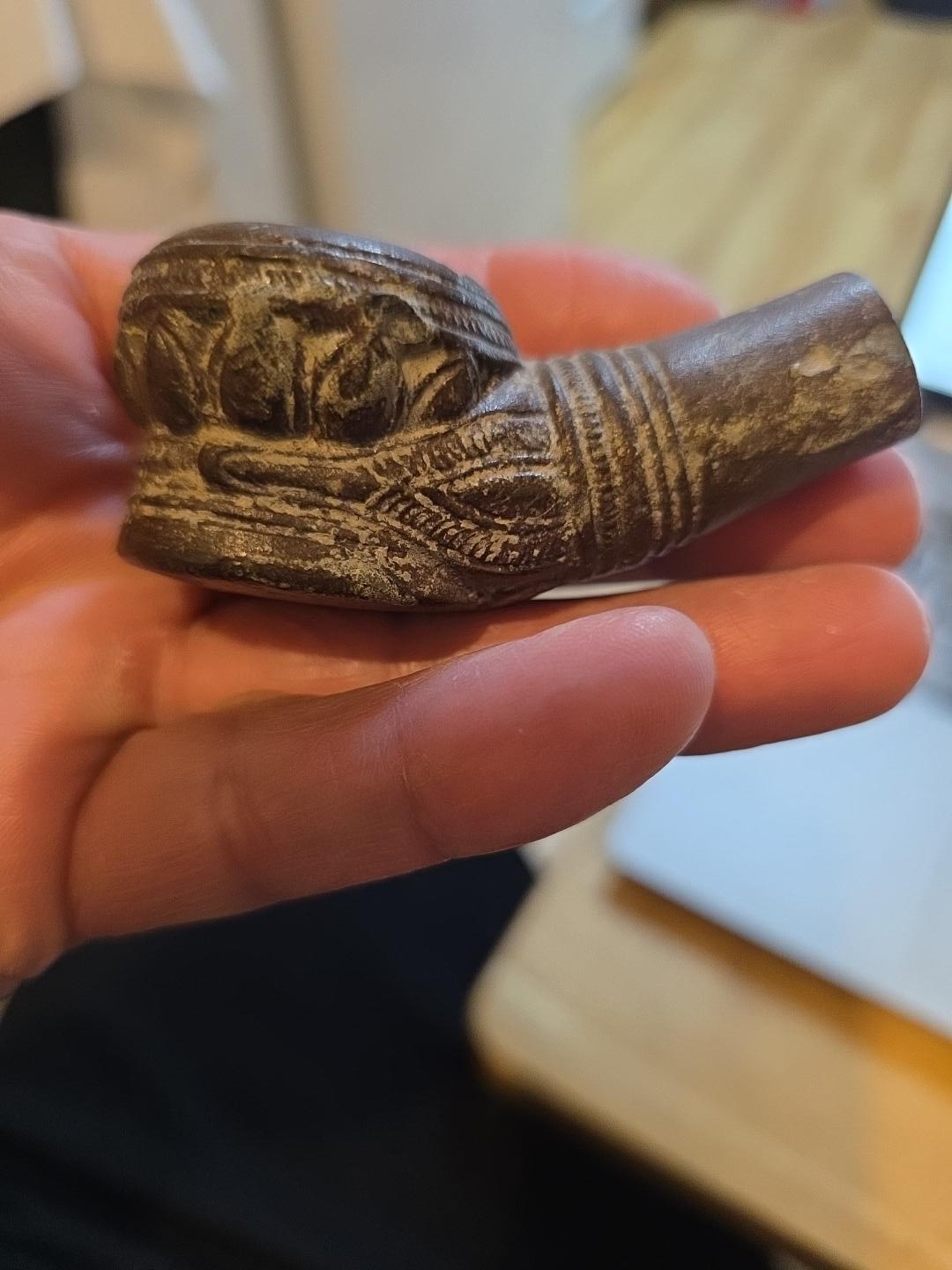 Antique 19th C Burmese Myanmar Stoneware Tobacco Pipe Ornate Shan Folk Art
