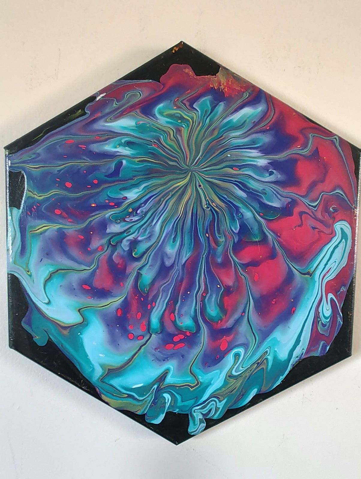14x16 Hexagon OOAK original Acrylic paint and pour abstract painting
