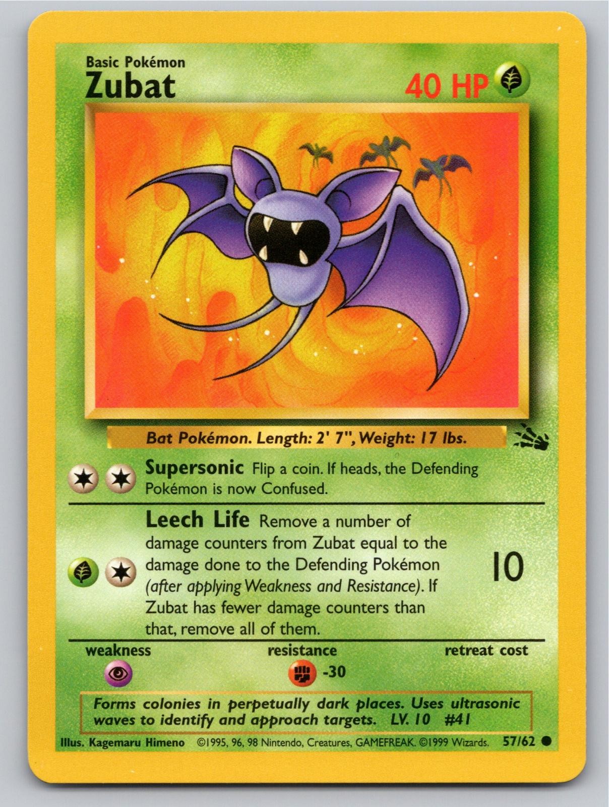 1999 POKEMON ZUBAT FOSSIL 57/62 UNLIMITED C NM A88819 FREE S&H 1999 POKEMON ZUBAT FOSSIL 57/62 UNLIMITED C NM A88819 FREE S&H