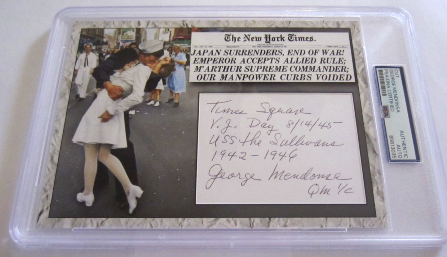 George Mendonsa signed autographed PSA DNA custom 5x7 V-J Day Kissing Sailor George Mendonsa signed autographed PSA DNA custom 5x7 V-J Day Kissing Sailor