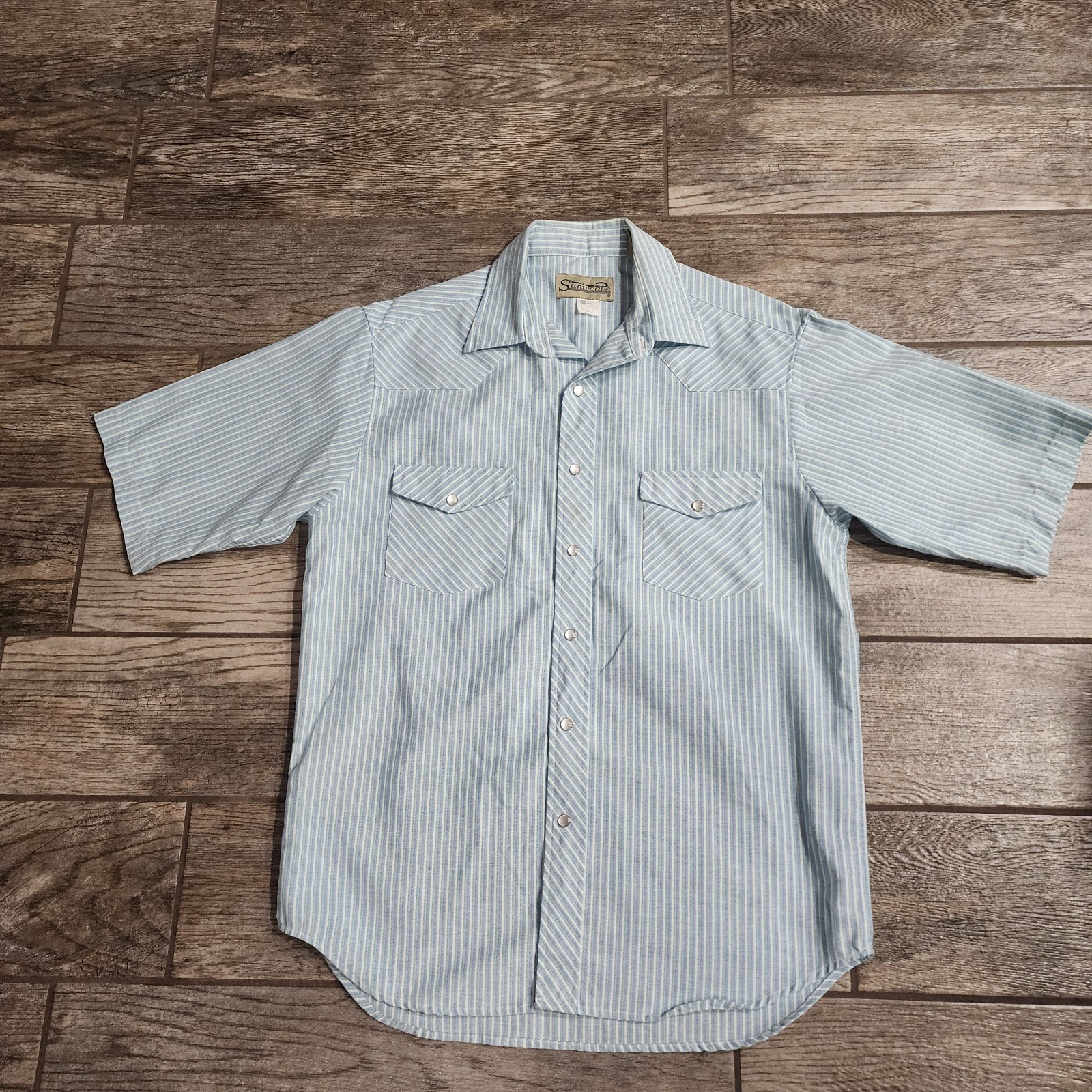 Vintage Sunweave blue & white striped western snap button up shirt Mens medium