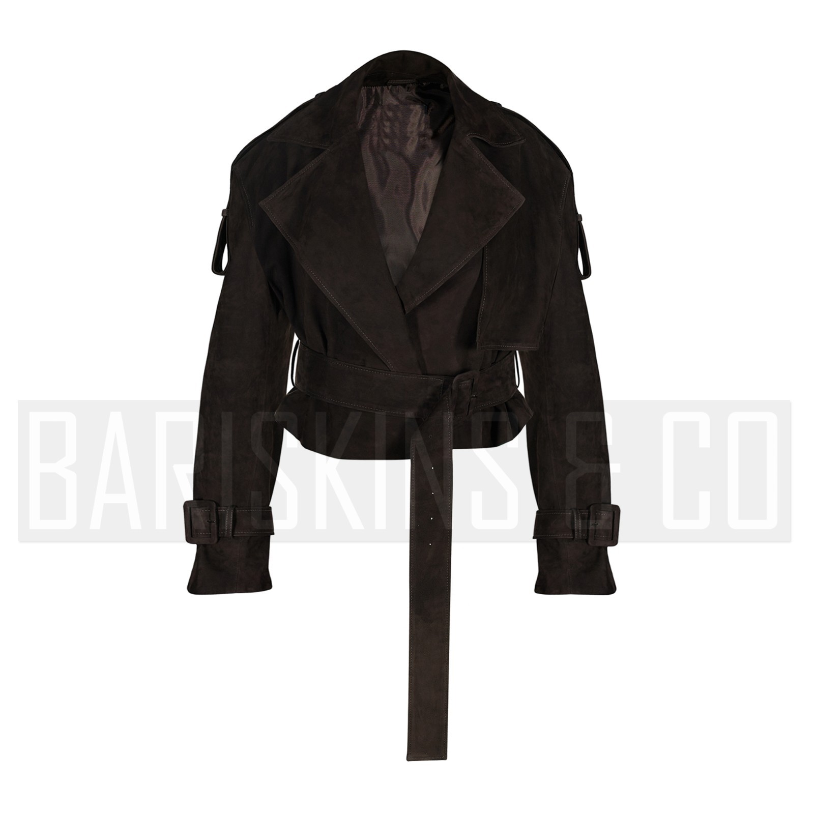 Womens Suede Cropped Leather Jacket – Brown Belted Short Moto Trench Style