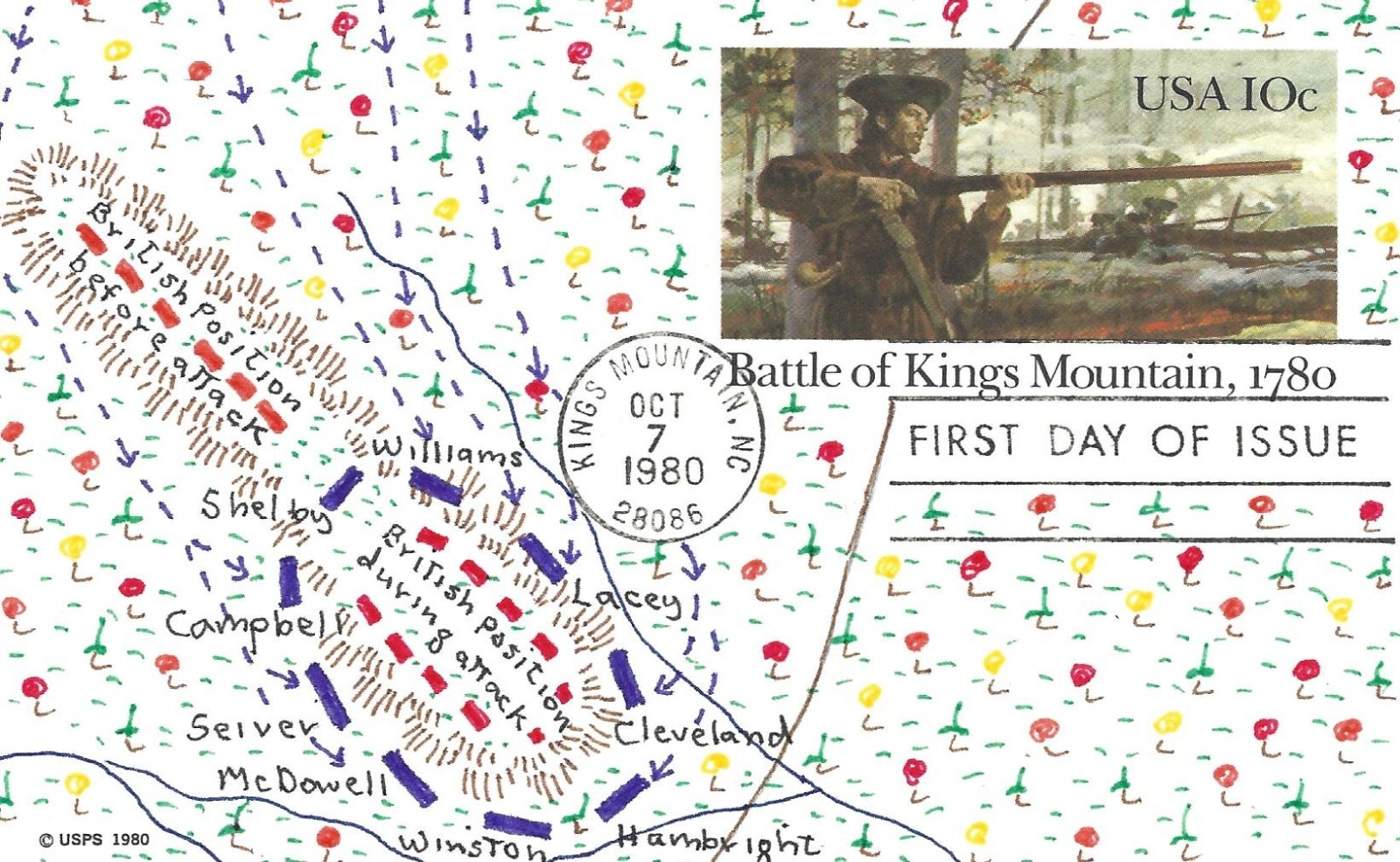 CORNISH, Scott UX85, 10c Battle of Kings Mountain,  Hand Painted FDC