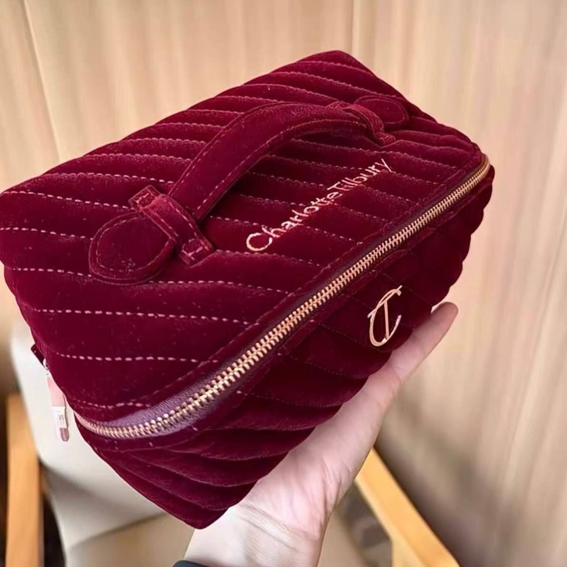 Large Wine Red Velvet Makeup Bag Travel Toiletry Organizer