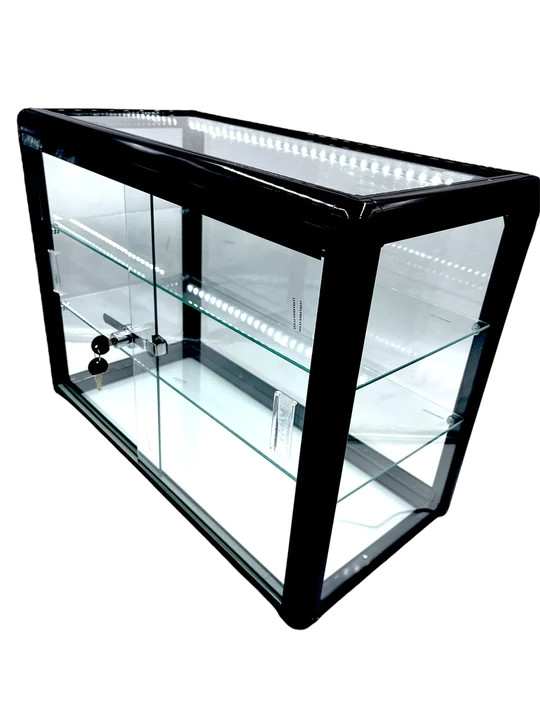 Elegant Black Aluminum Display Table Top Tempered Glass Showcase with LED Lights Elegant Black Aluminum Display Table Top Tempered Glass Showcase with LED Lights