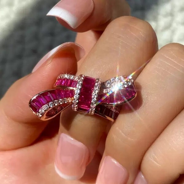 3Ctw Baguette Ruby & Moissanite 14k Rose Gold Plated Women\'s Bow Ring