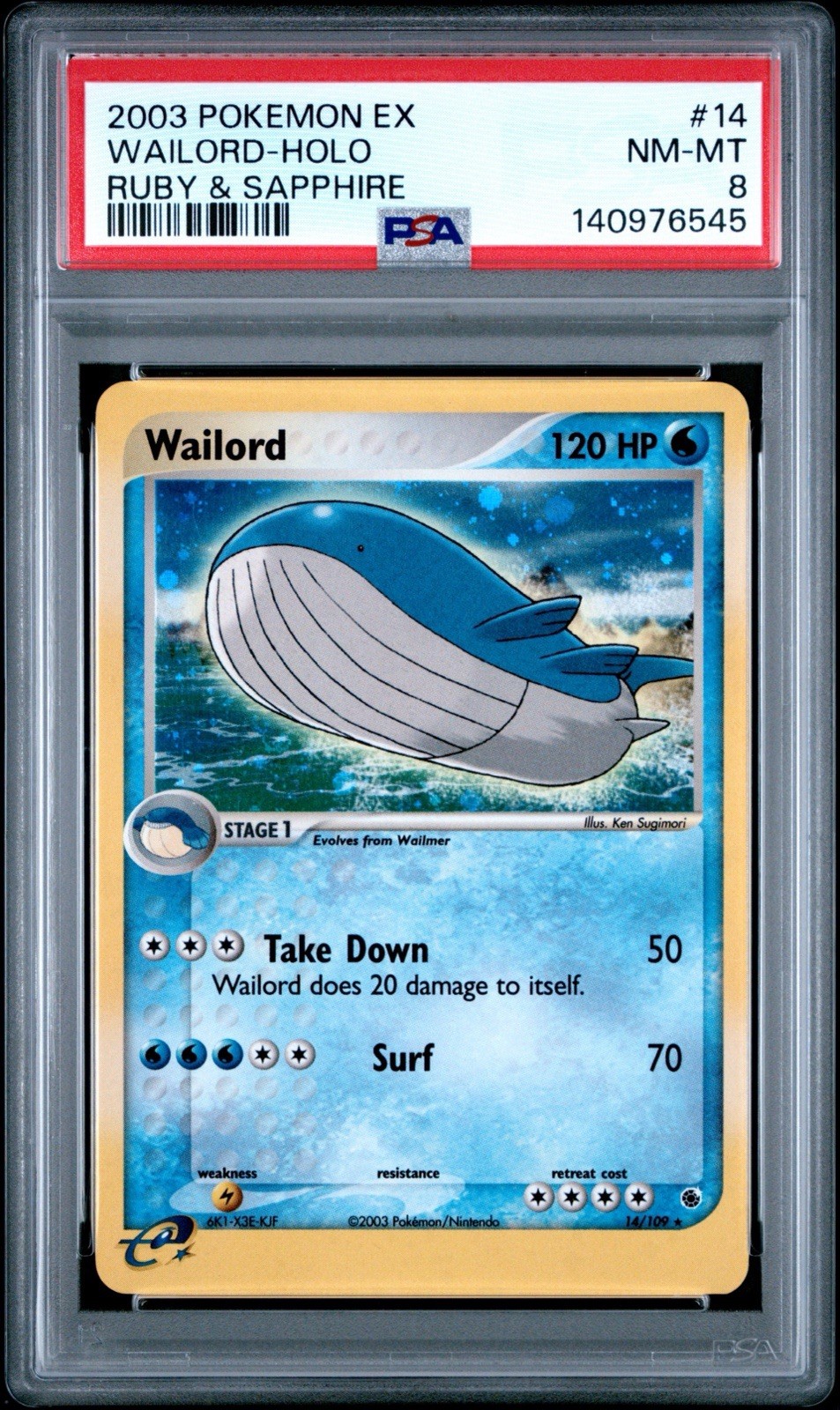 Pokemon 2003 EX Ruby & Sapphire Wailord Holo Rare 14/109 English PSA 9 Pokemon 2003 EX Ruby & Sapphire Wailord Holo Rare 14/109 English PSA 9