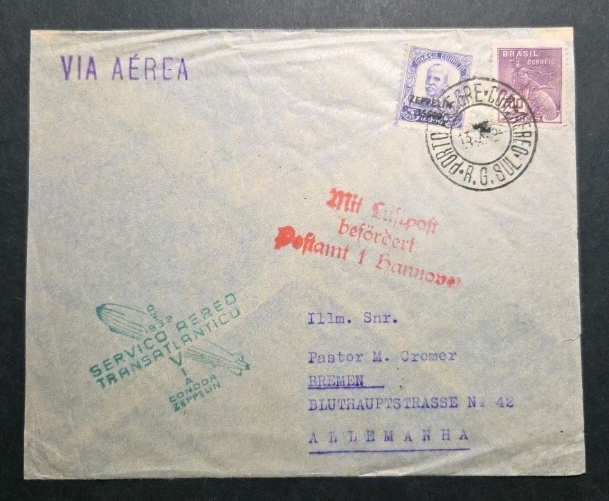 1932 LZ-127 Graf Zeppelin #511/#C29 Stamp Brazil to Germany Flown Air Mail Cover 1932 LZ-127 Graf Zeppelin #511/#C29 Stamp Brazil to Germany Flown Air Mail Cover
