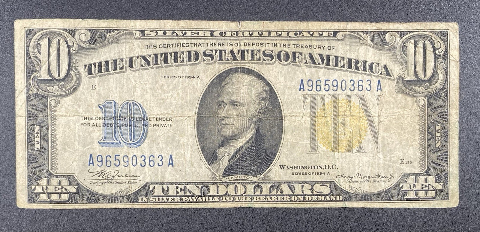 Series 1934A $10 WWII North Africa Silver Certificate Yellow Seal FR#2309 Series 1934A $10 WWII North Africa Silver Certificate Yellow Seal FR#2309
