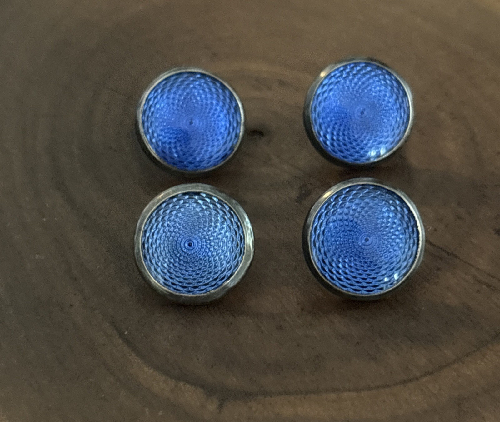 Four (4) Antique Guilloche Blue Enamel Sterling Silver Buttons Hallmarked