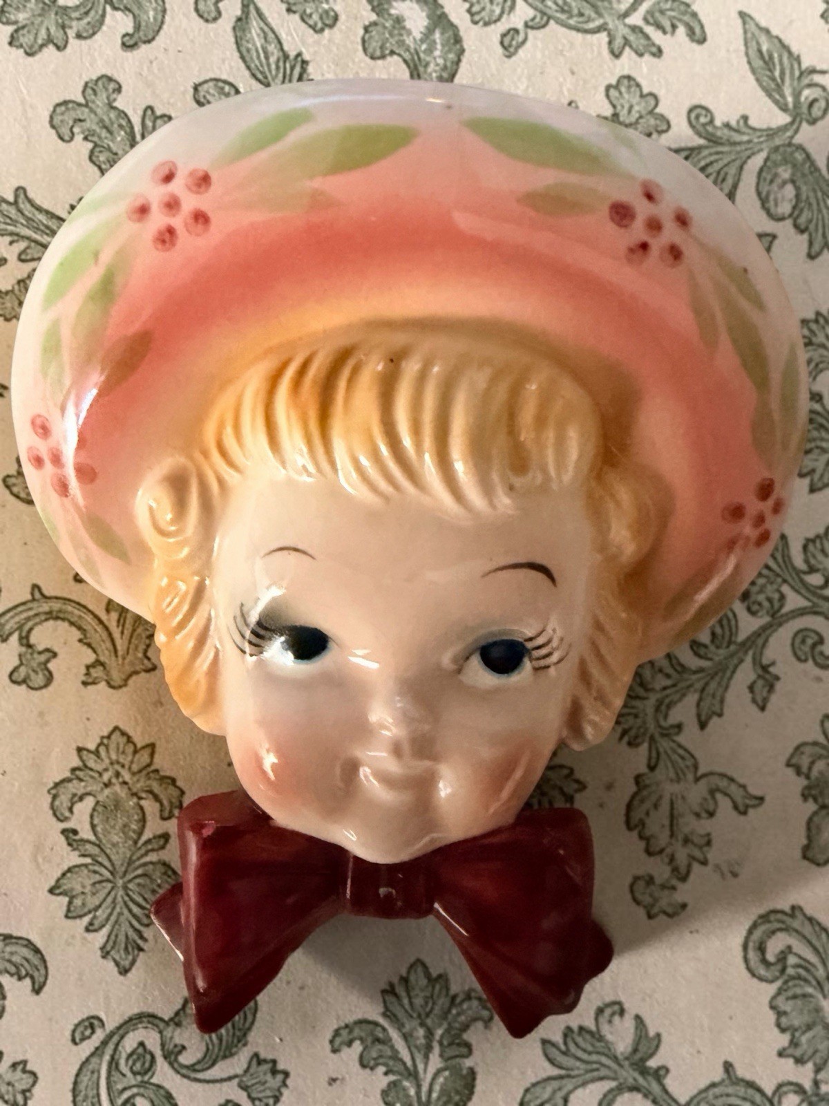 Vintage Ceramic JAPAN Head Wall Pocket Little Pink Girl with Bow 🌸🍃