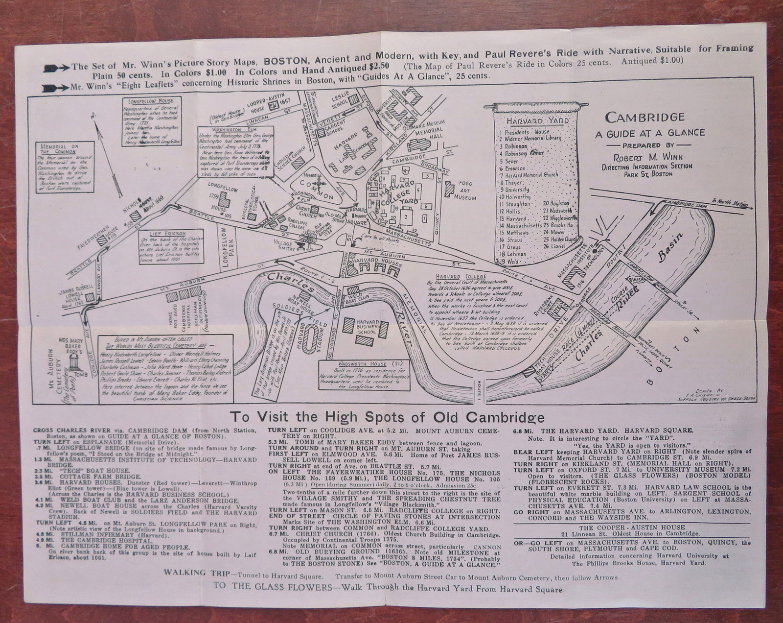 Historic Boston Cambridge Tourist Info c. 1920\'s cartoon pictorial city map