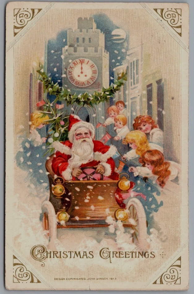 Rare~Winsch~Santa Claus in Car w/Children~Clock ~Vintage Christmas Postcard~s140 Rare~Winsch~Santa Claus in Car w/Children~Clock ~Vintage Christmas Postcard~s140