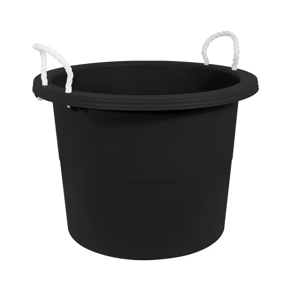 Black 17-Gallon Storage Tub - Flexible Plastic, Rope Handles, Utility Bucket