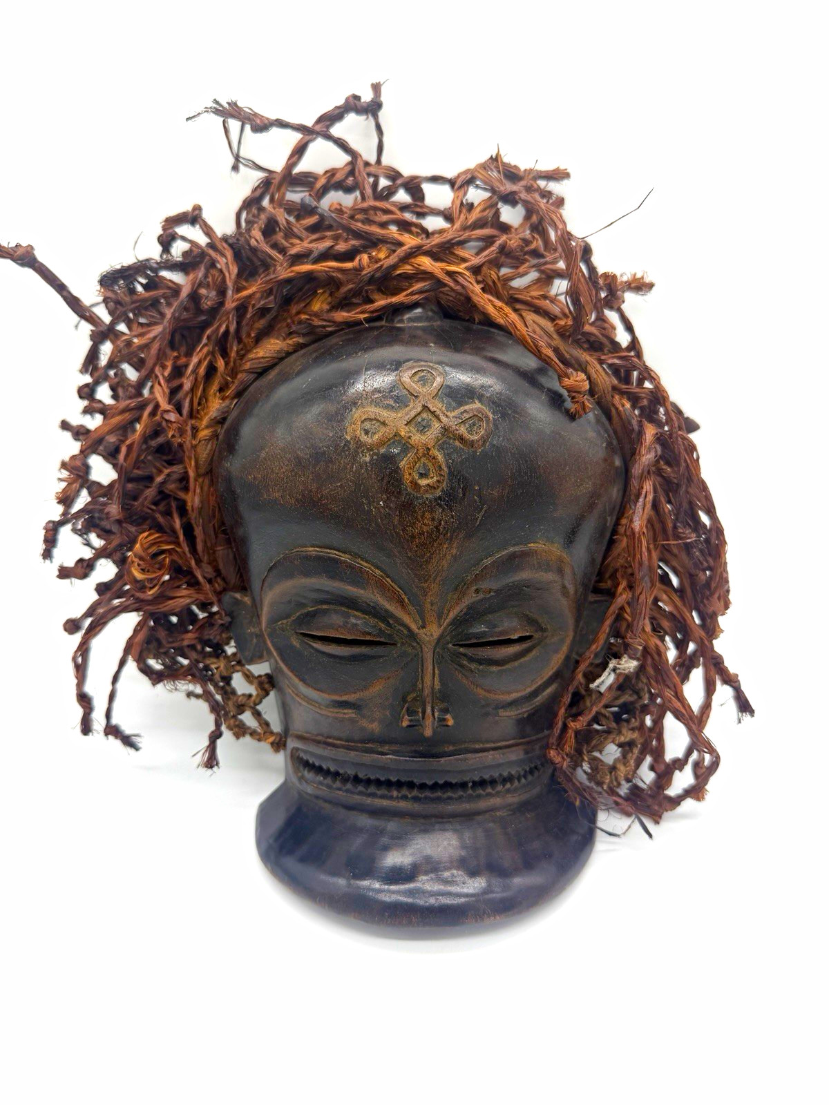 Vintage African Chokwe Mwana Pwo Hand - Carved Wooden Mask w/ Raffia Headdress Vintage African Chokwe Mwana Pwo Hand - Carved Wooden Mask w/ Raffia Headdress