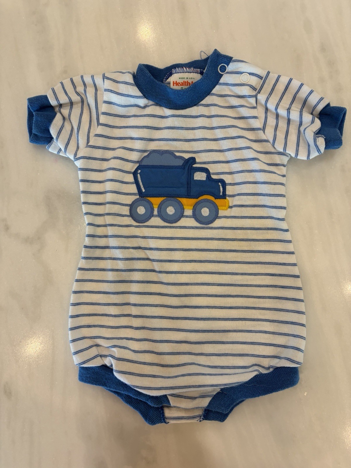 Vintage Healthtex Baby Boy Romper 9M Blue Striped Dump Truck Made USA