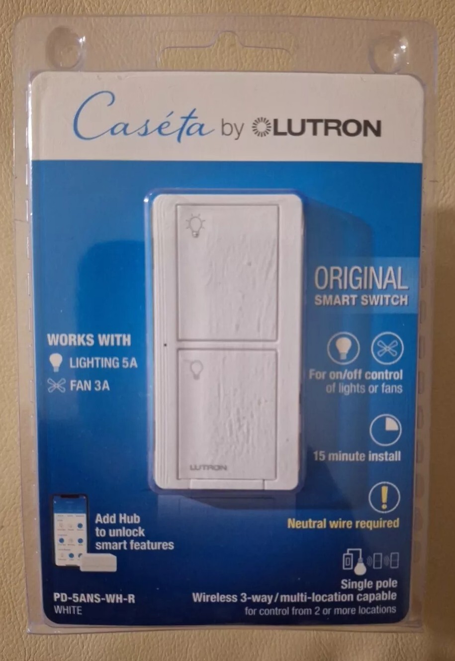 🆕 Lutron Original SMART SWITCH by Caseta, For Lights5A & Fans3A (PD-5ANS-WH-R) 🆕 Lutron Original SMART SWITCH by Caseta, For Lights5A & Fans3A (PD-5ANS-WH-R)