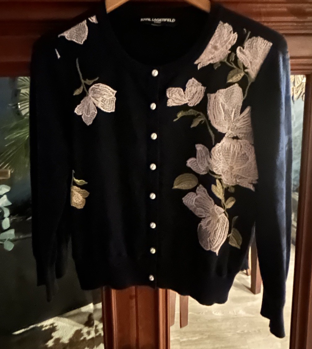 Karl Lagerfeld Paris Small Cardigan Blue W/Pink Flowers 💐NWOT Karl Lagerfeld Paris Small Cardigan Blue W/Pink Flowers 💐NWOT