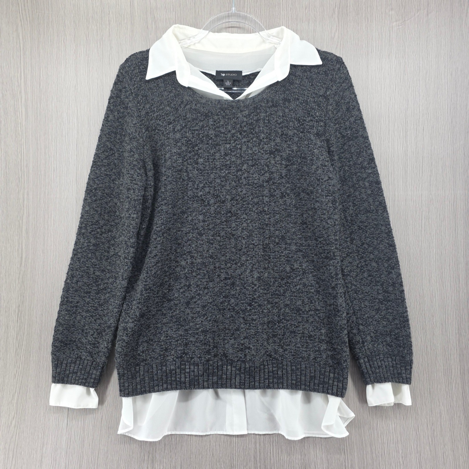 AB Studio Blouse Size L Layered Sweater Gray White Collared Shirttail Hem Preppy AB Studio Blouse Size L Layered Sweater Gray White Collared Shirttail Hem Preppy