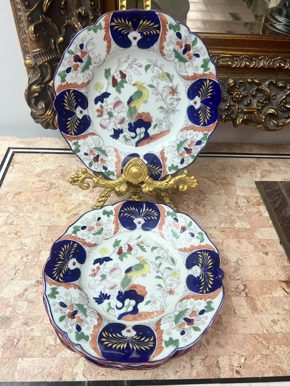 5 Vintage  Mason's Patent Ironstone Peacock Floral Motif plates 