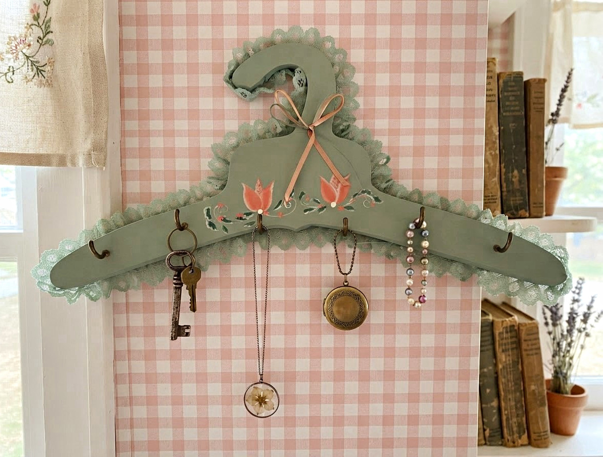 Vintage Hand Painted Decorative Jewelry or Key Organizer. Lace & Ribbon Accents
