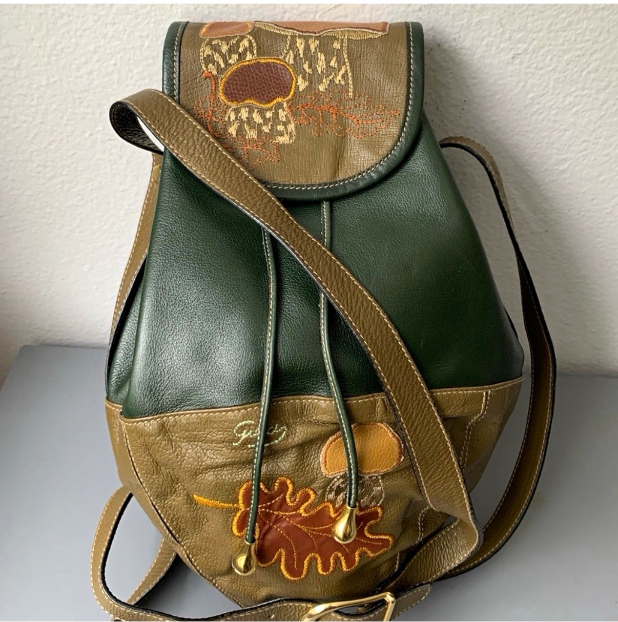 Authentic RARE 1970s Gucci Leather Green/Brown Mushroom Leaf Embroidery