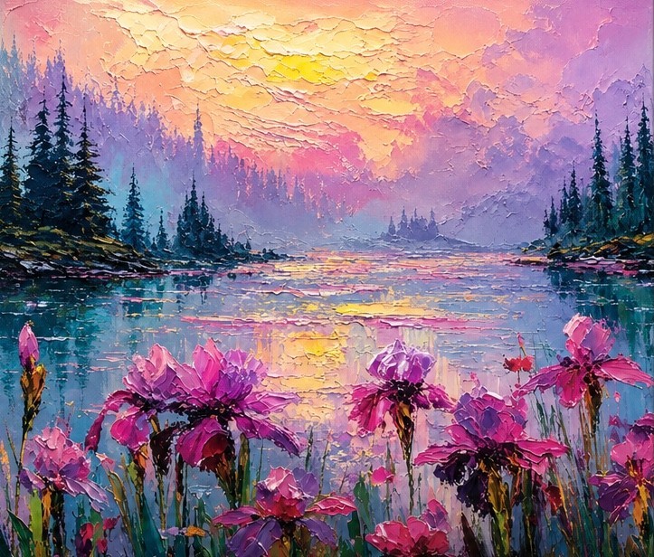 Hand Painted Sunset Lake Painting, Pink Wildflower Canvas Wall Art