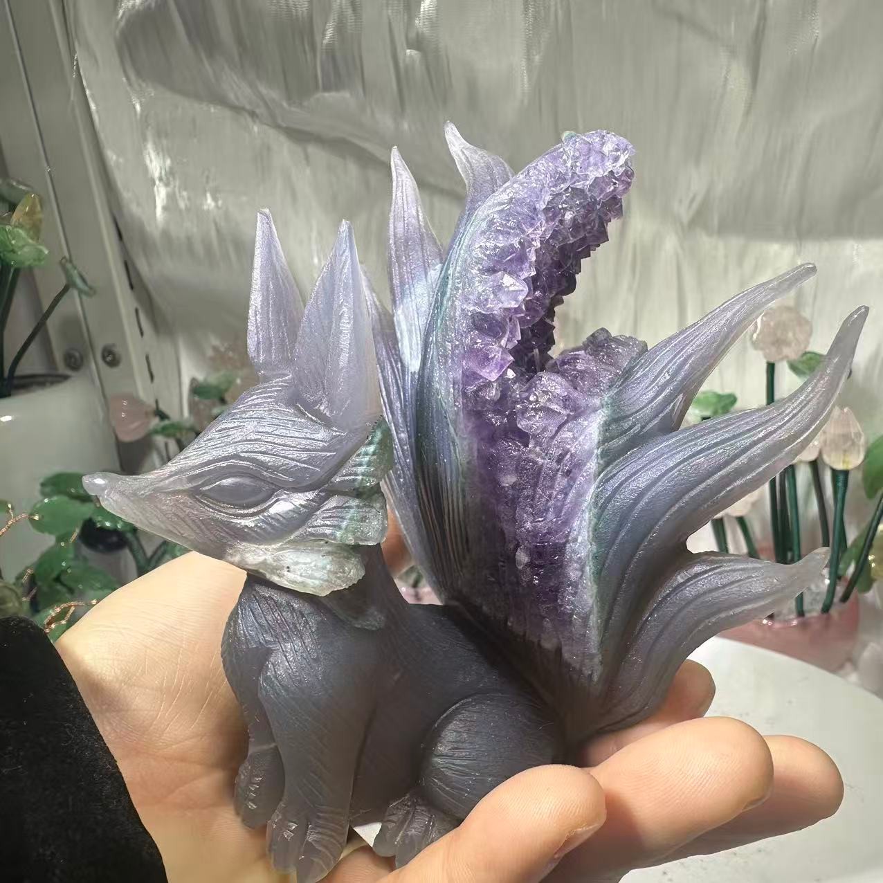 1pc Natural Amethyst Agate Quartz Carved Nine-tailed fox Crystal Reiki Decor