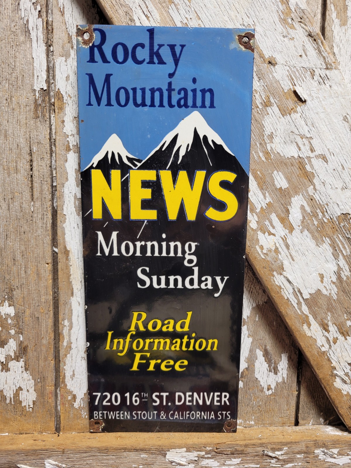VINTAGE ROCKY MOUNTAIN NEWS PORCELAIN SIGN OLD NEWSPAPER PRESS DENVER COLORADO