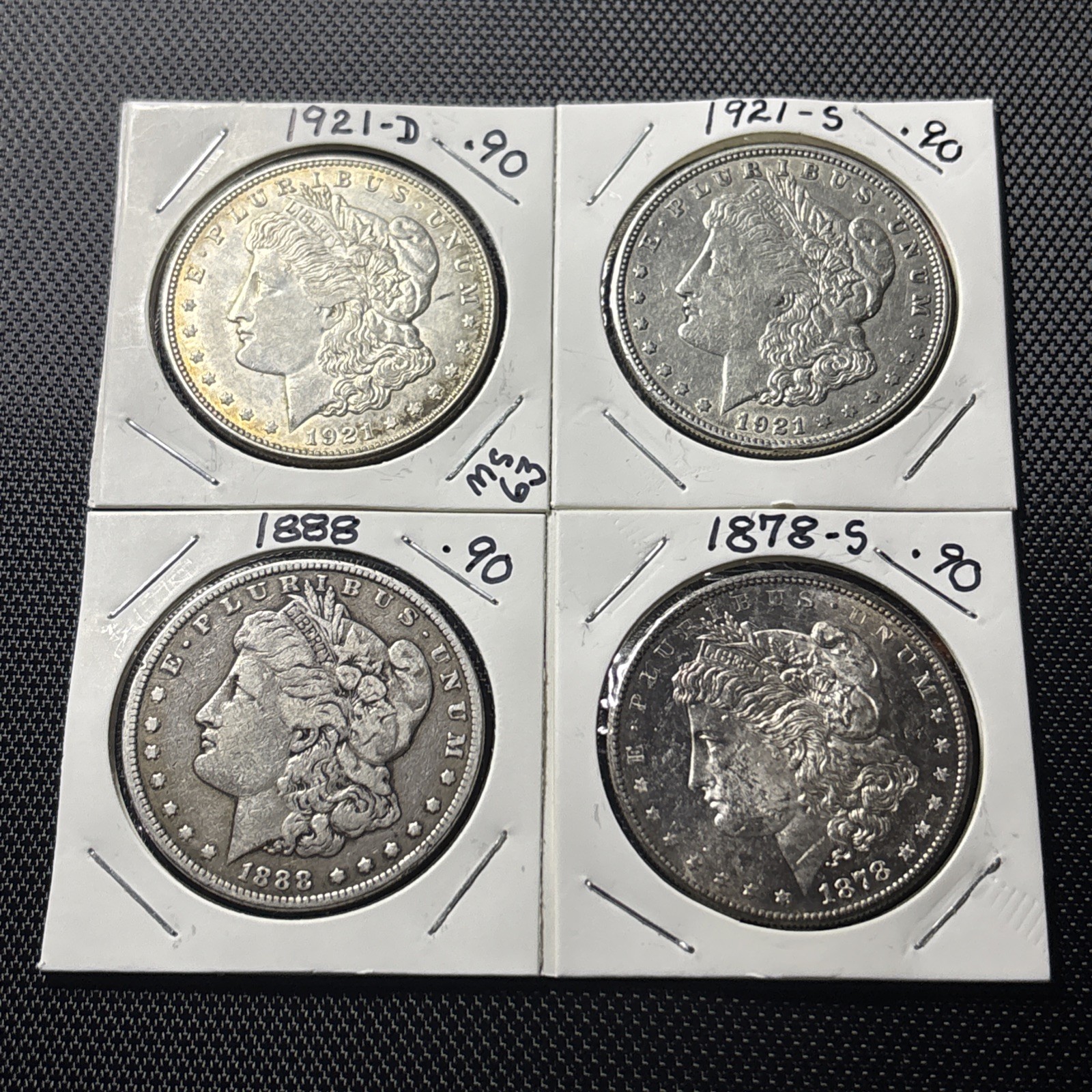 4 Morgan Silver Dollar Lot 1878-S 1888 1921-D 1921-S 90% Silver Actual Coins