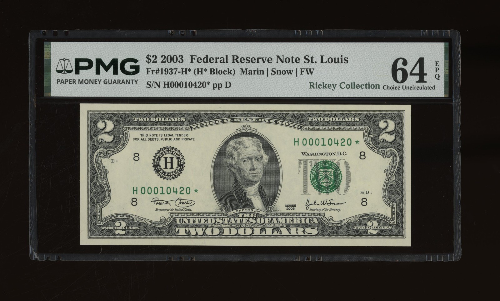 DBR 2003 $2 FRN St. Louis STAR Fr. 1937-H* PMG 64 EPQ Low Serial H00010420*