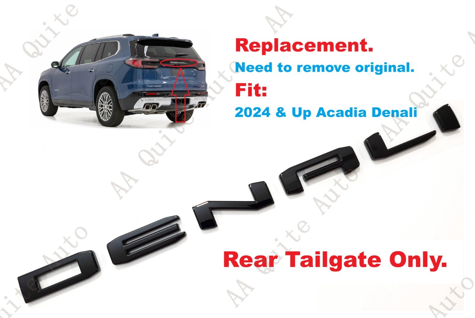Replacement 1PC Gloss Black Rear Tailgate Denali Emblem 2024+ Up Acadia Denali