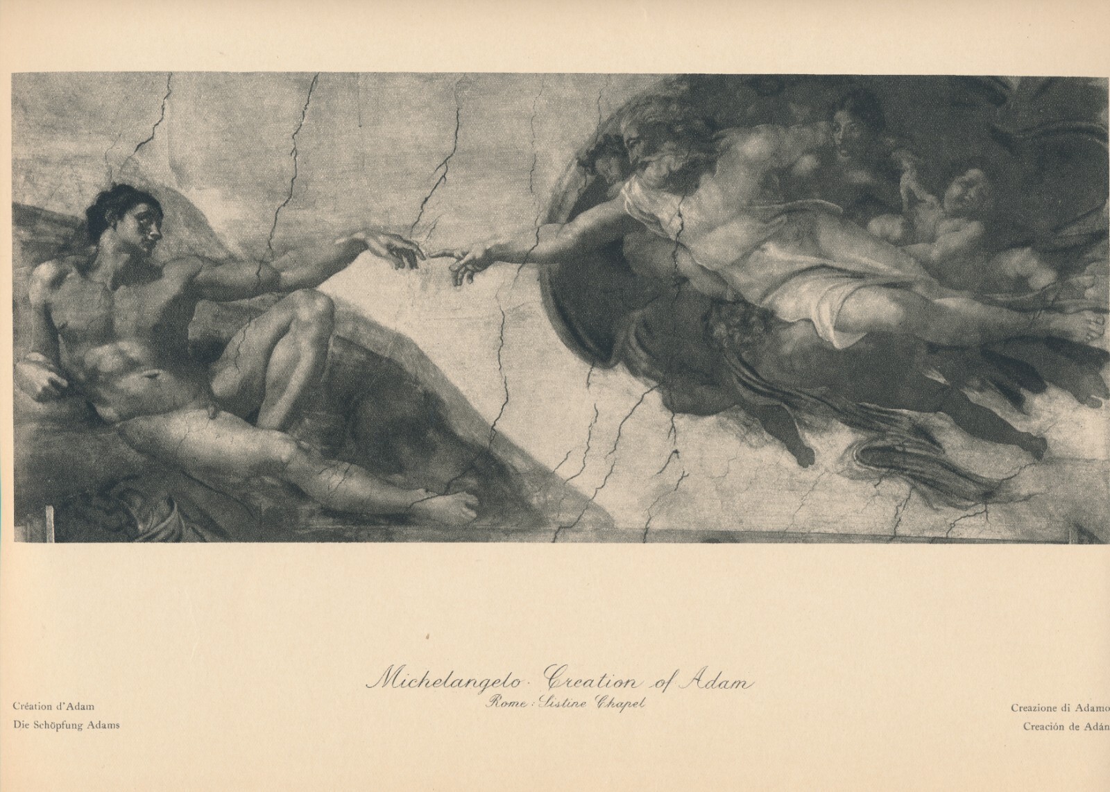 115+yr Old Original c1910 Antique Art Print God CREATION OF ADAM By Michelangelo