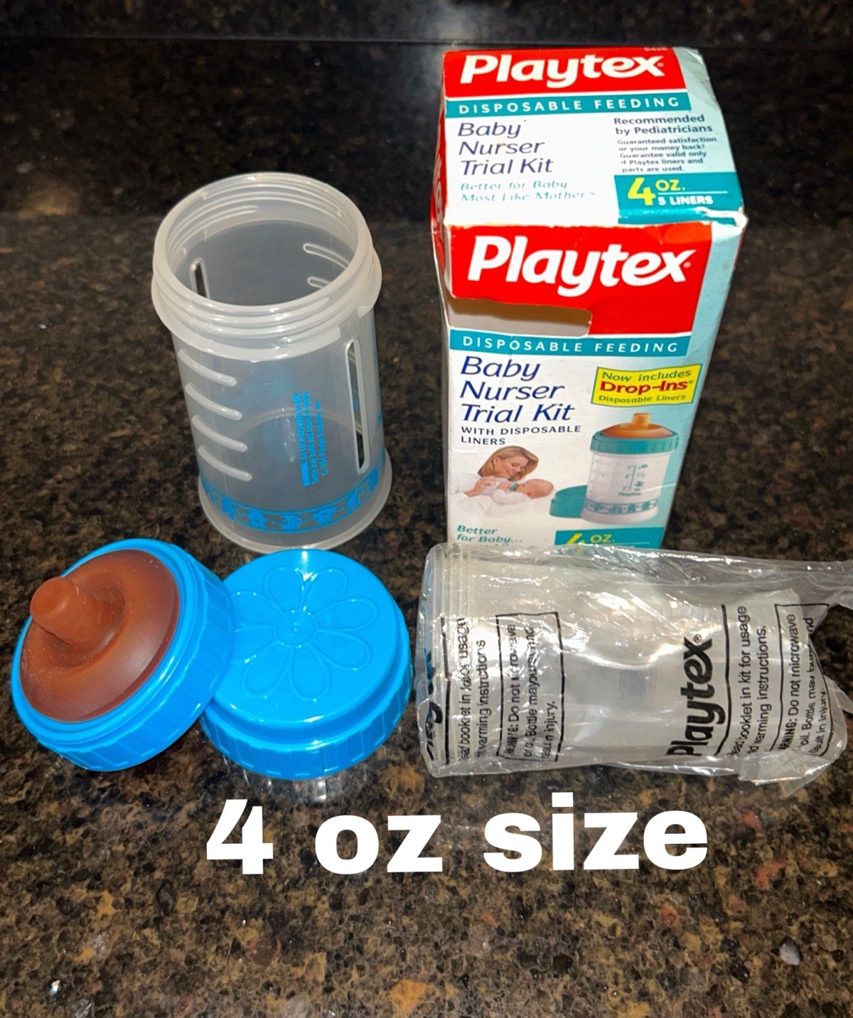 NEW Vintage 1996 Playtex Nurser 4oz Blue Baby Bottle Trial Kit + Liners Flat Top