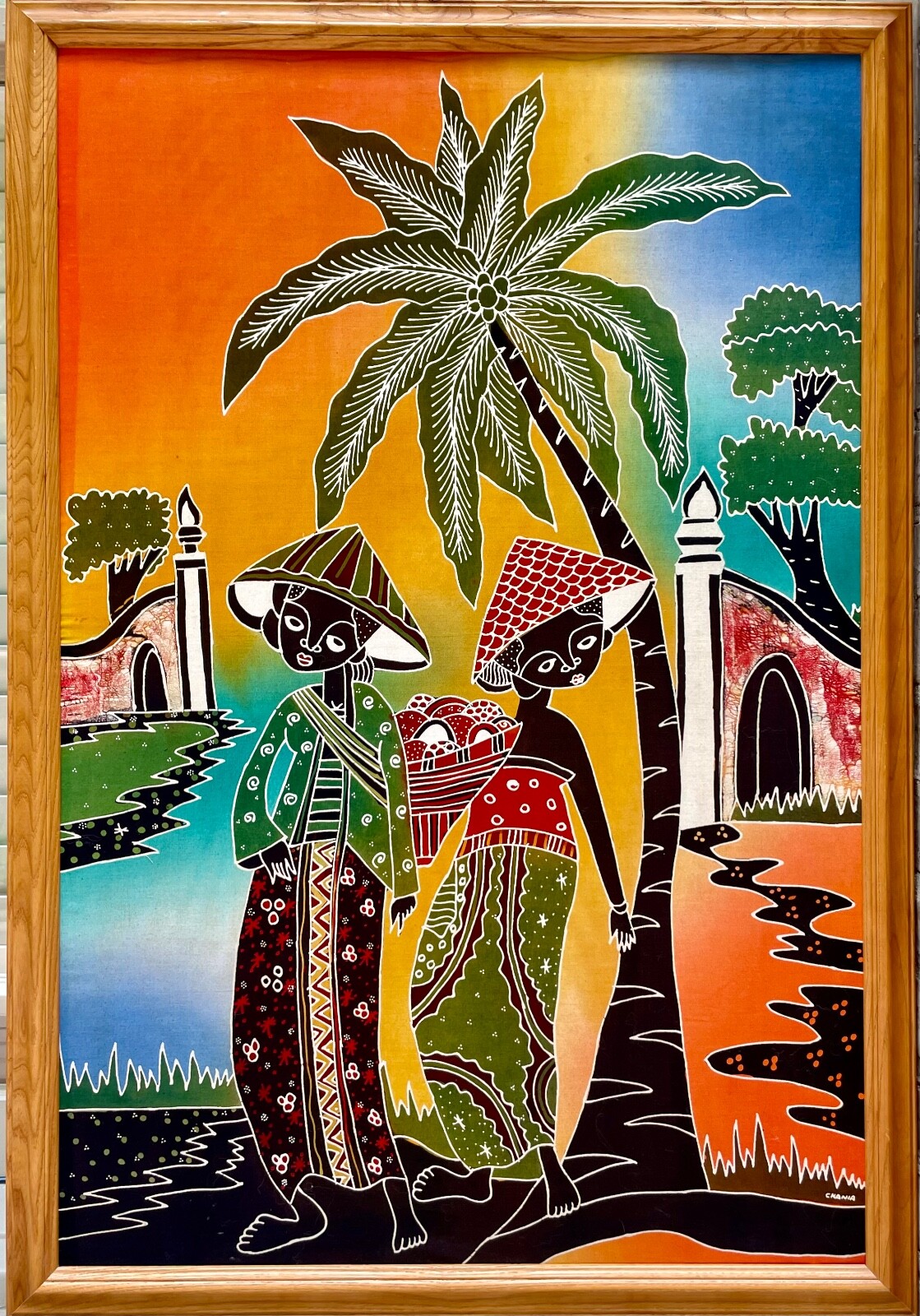 Vtg Framed Original Indonesian Batik Waxing/Dyeing Wall Art Village Scene 24X36\