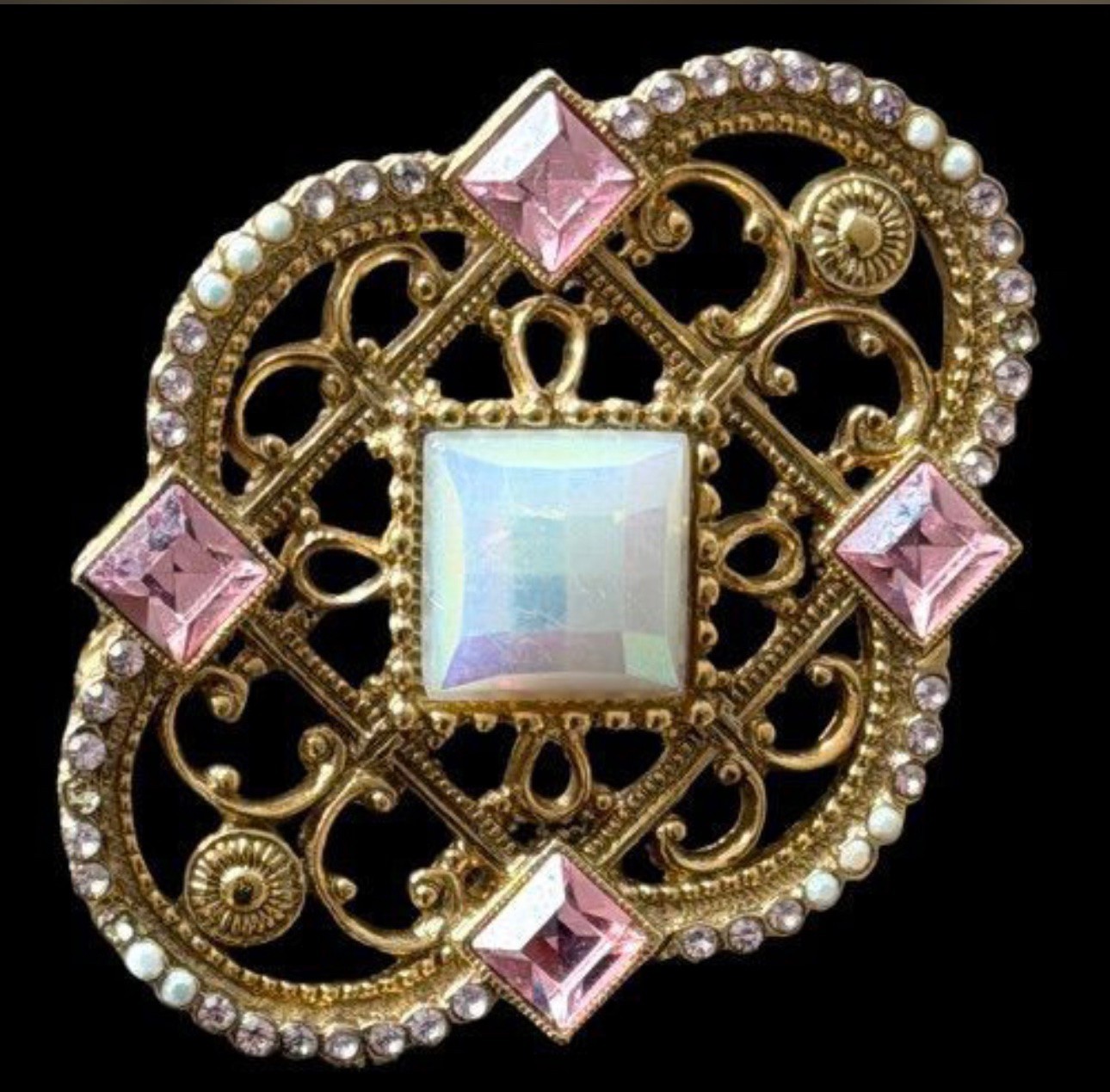 1928 Gold Tone Opalescent Pink Crystal Brooch Seed Pearl Accents 1928 Gold Tone Opalescent Pink Crystal Brooch Seed Pearl Accents
