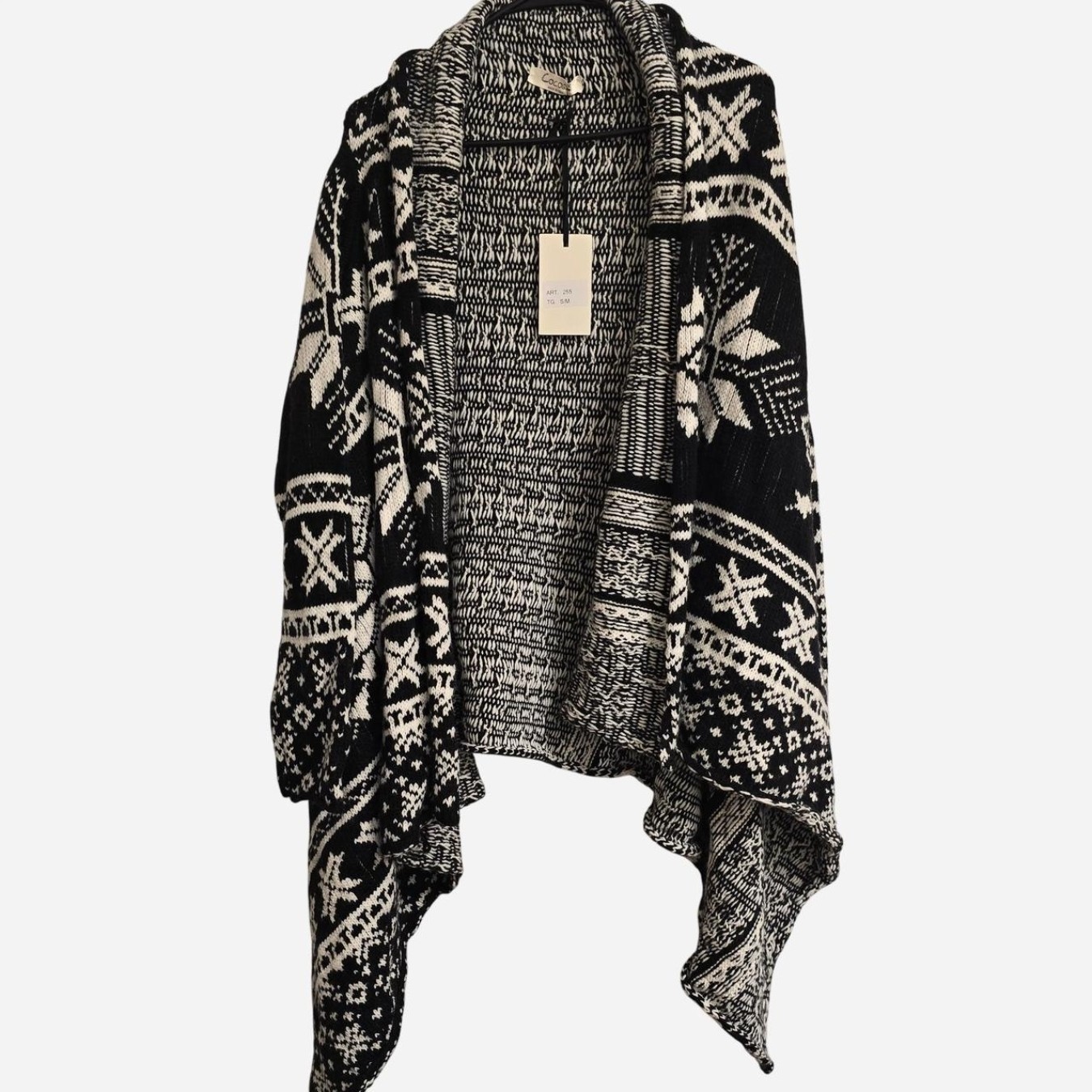 NWT COCOGIO Tribal Black White Wool Blend Drape Cardigan Sweater Earthy S/M